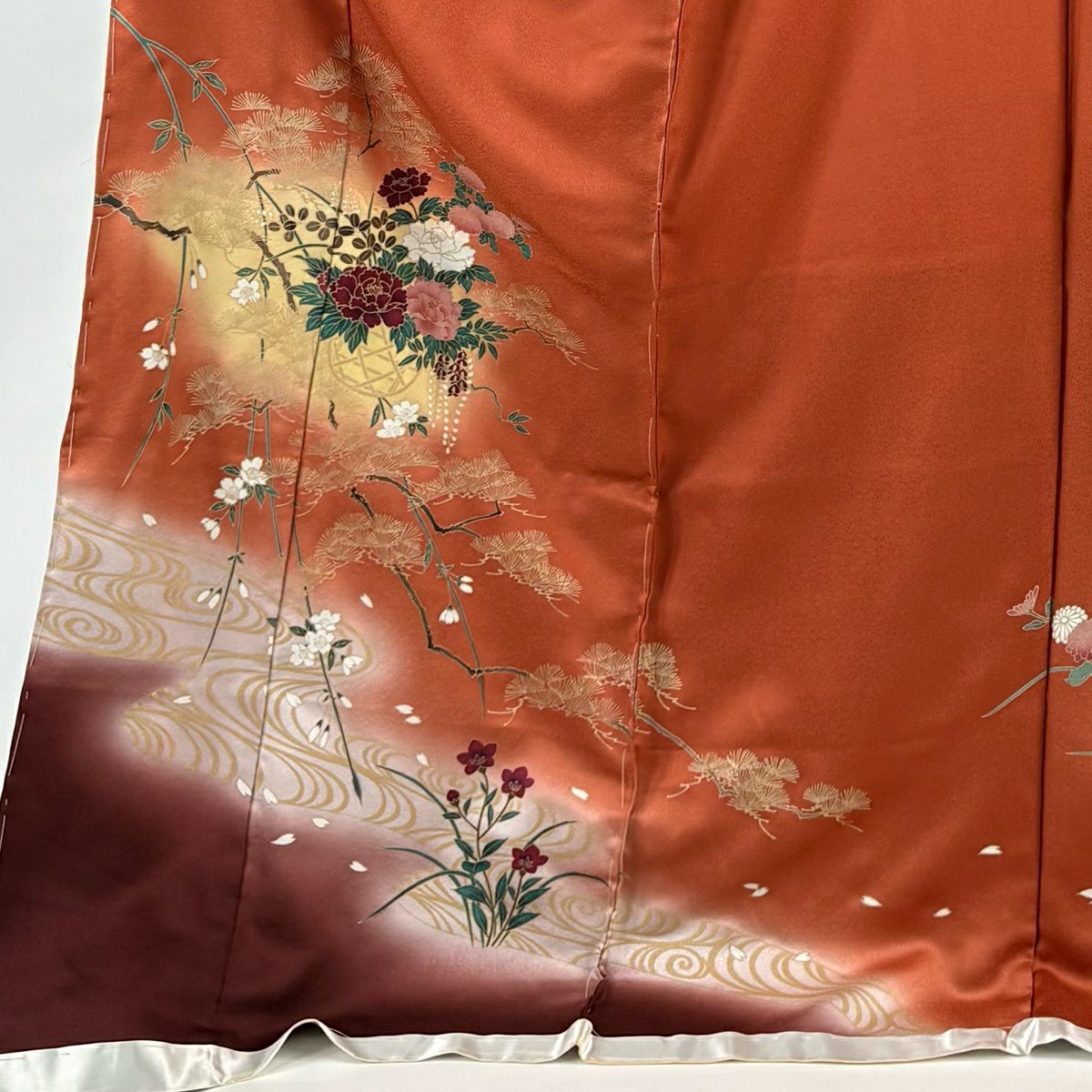【美品】訪問服 身長181cm 袖長69cm 未仕立 雜繪 羽織外套 牡丹 松樹 金銀彩 紅茶 純蠶絲 秀品級