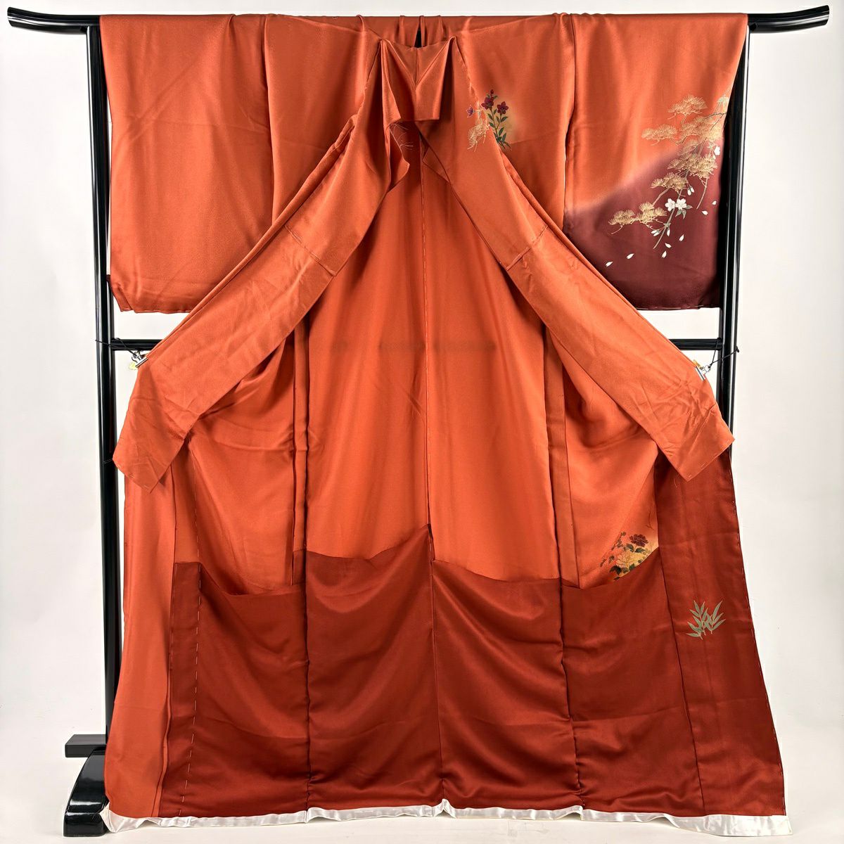 【美品】訪問服 身長181cm 袖長69cm 未仕立 雜繪 羽織外套 牡丹 松樹 金銀彩 紅茶 純蠶絲 秀品級