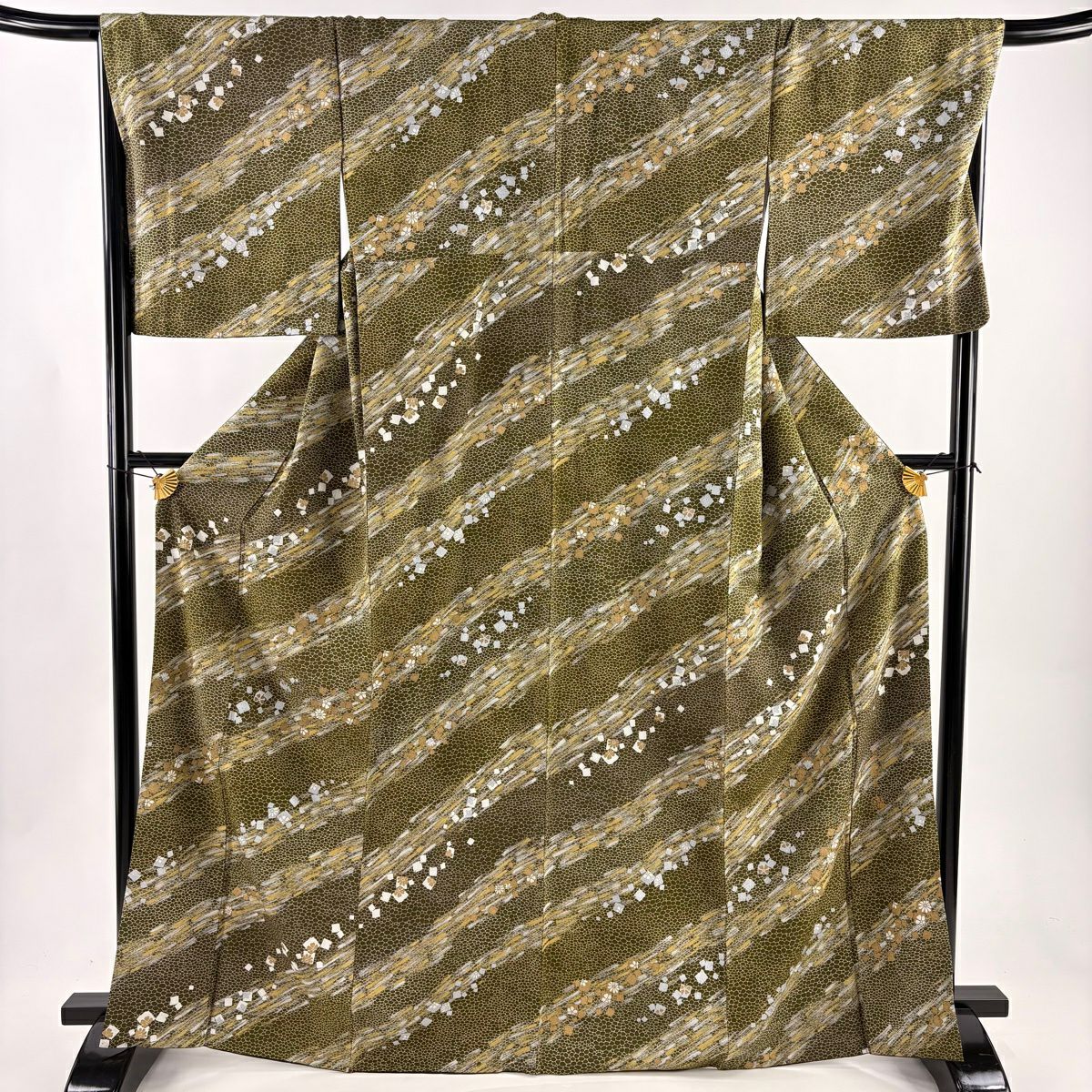 小紋 身長167cm 袖長68cm L 雙層 花 金金箔散布 金銀彩 茶綠 純蠶絲 優品級