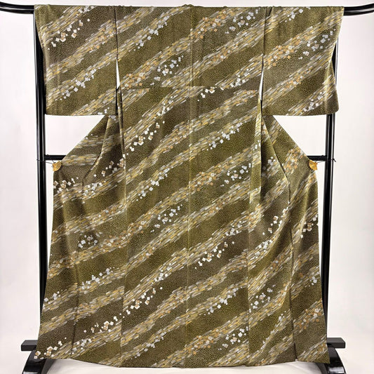小紋 身長167cm 袖長68cm L 雙層 花 金金箔散布 金銀彩 茶綠 純蠶絲 優品級