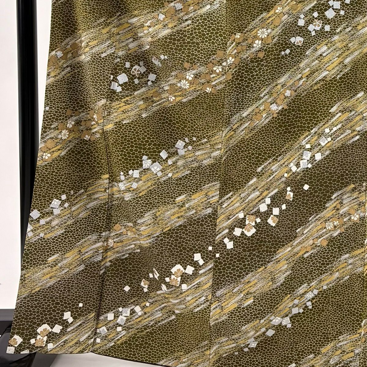 小紋 身長167cm 袖長68cm L 雙層 花 金金箔散布 金銀彩 茶綠 純蠶絲 優品級