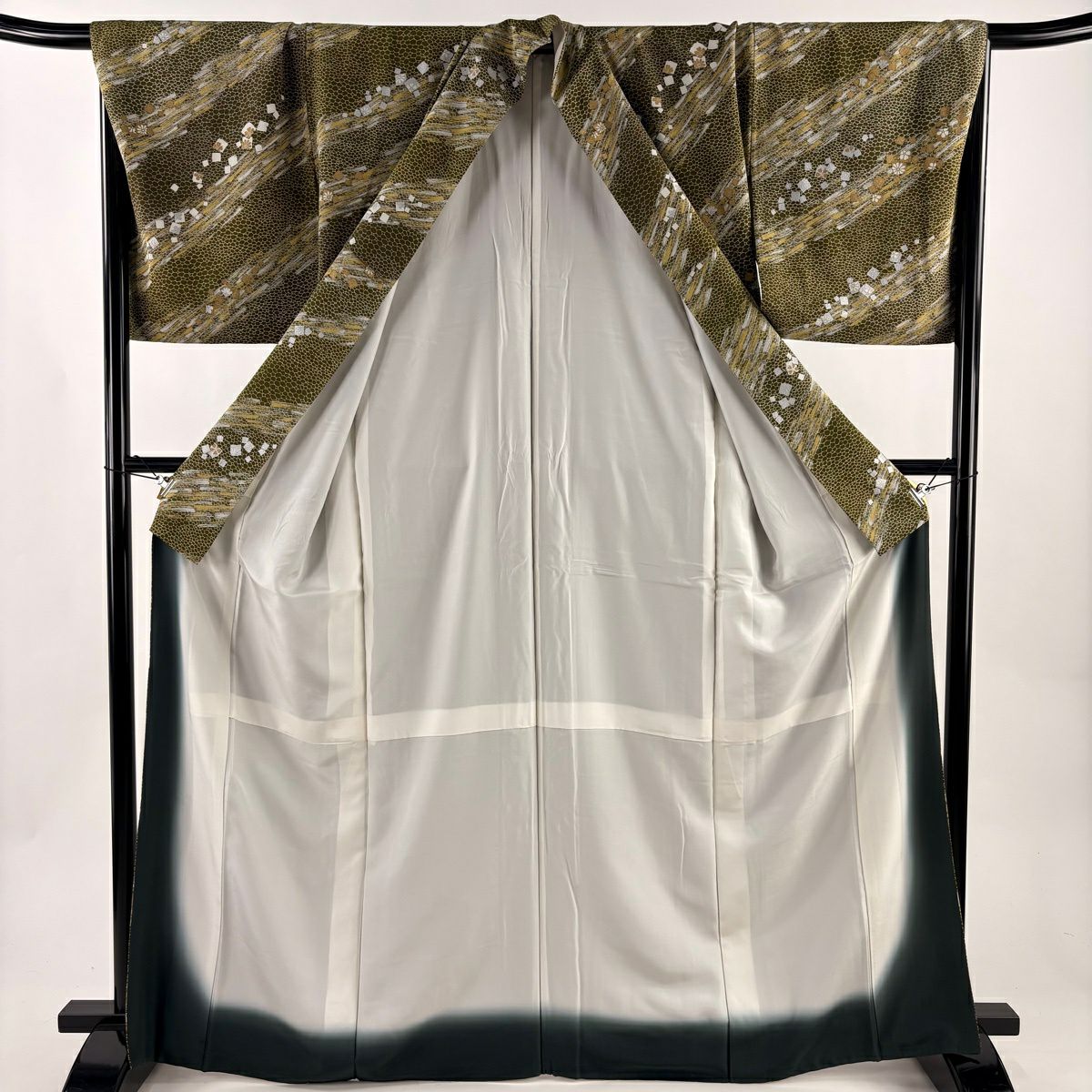 小紋 身長167cm 袖長68cm L 雙層 花 金金箔散布 金銀彩 茶綠 純蠶絲 優品級