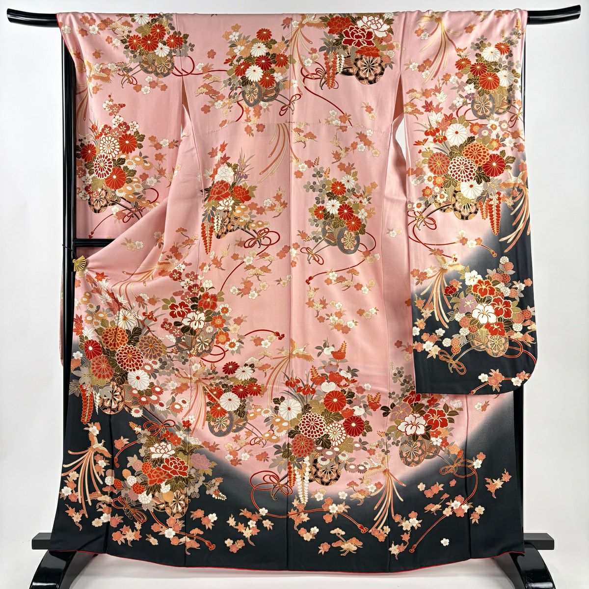 【美品】振袖禮服 身長168cm 袖長67cm M 雙層 鳳凰 花車 金絲 金銀彩 粉色 純蠶絲 秀品級