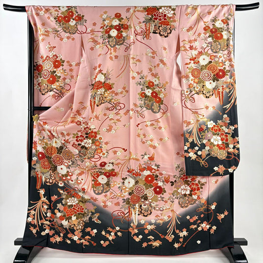 【美品】振袖禮服 身長168cm 袖長67cm M 雙層 鳳凰 花車 金絲 金銀彩 粉色 純蠶絲 秀品級