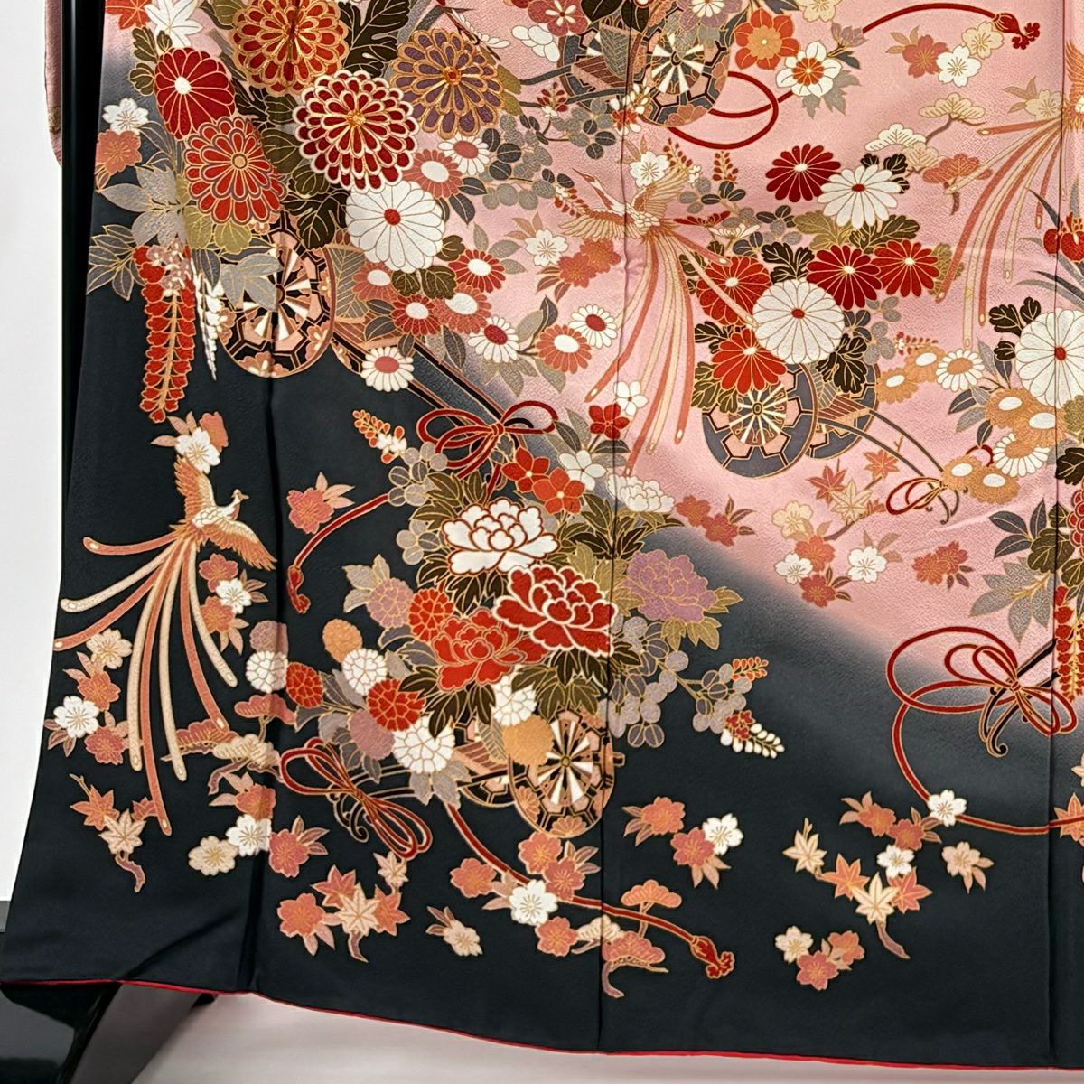 【美品】振袖禮服 身長168cm 袖長67cm M 雙層 鳳凰 花車 金絲 金銀彩 粉色 純蠶絲 秀品級