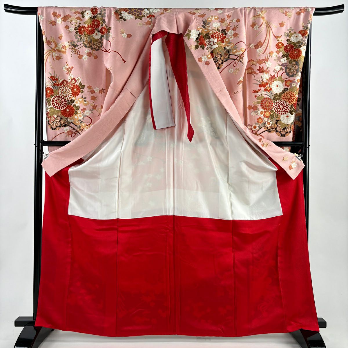 【美品】振袖禮服 身長168cm 袖長67cm M 雙層 鳳凰 花車 金絲 金銀彩 粉色 純蠶絲 秀品級