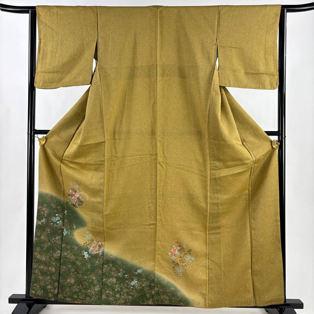 付下 身長160.5cm 袖長63cm S 雙層 雪輪 草花紋 金銀彩 刺繡 茶綠 純蠶絲 秀品級
