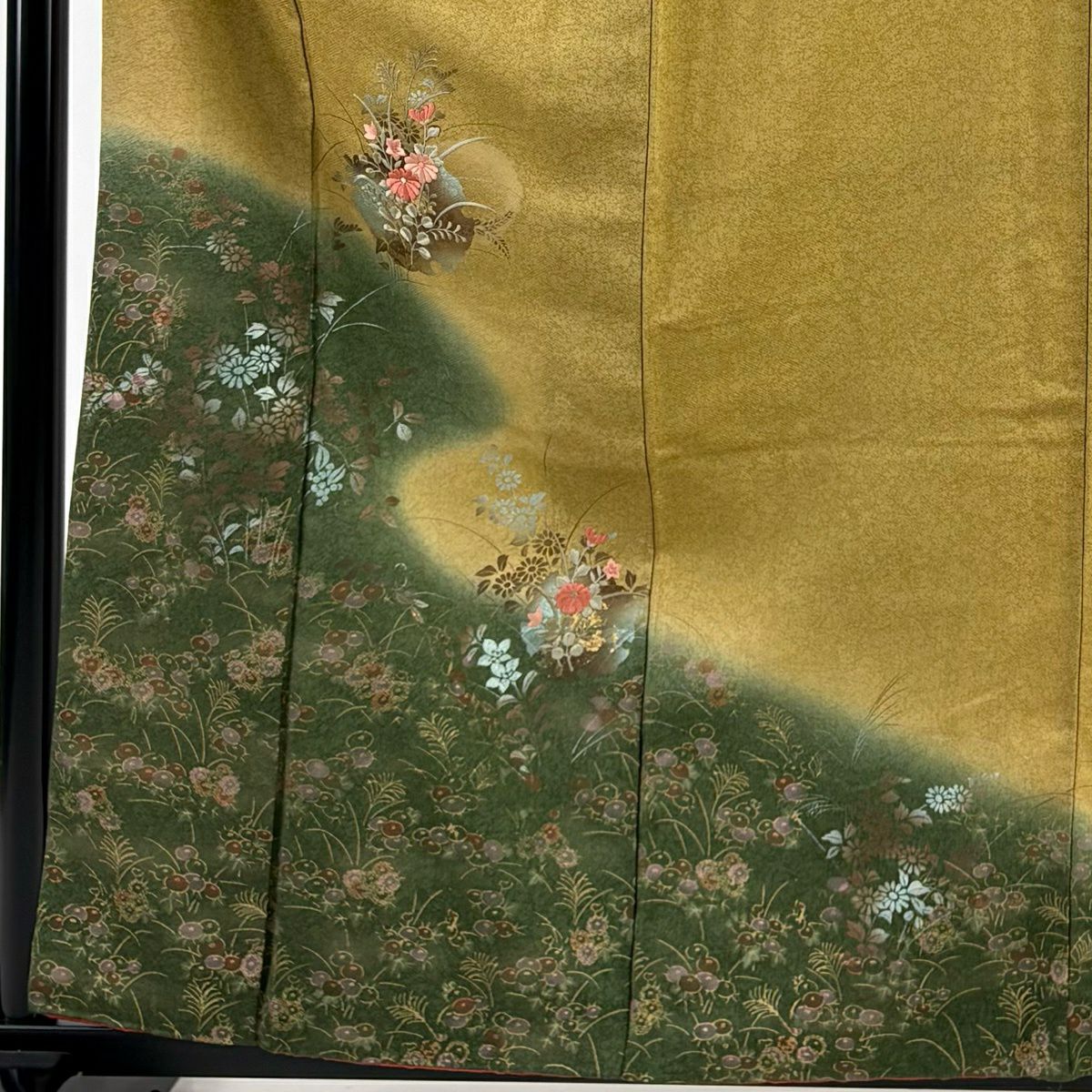 付下 身長160.5cm 袖長63cm S 雙層 雪輪 草花紋 金銀彩 刺繡 茶綠 純蠶絲 秀品級