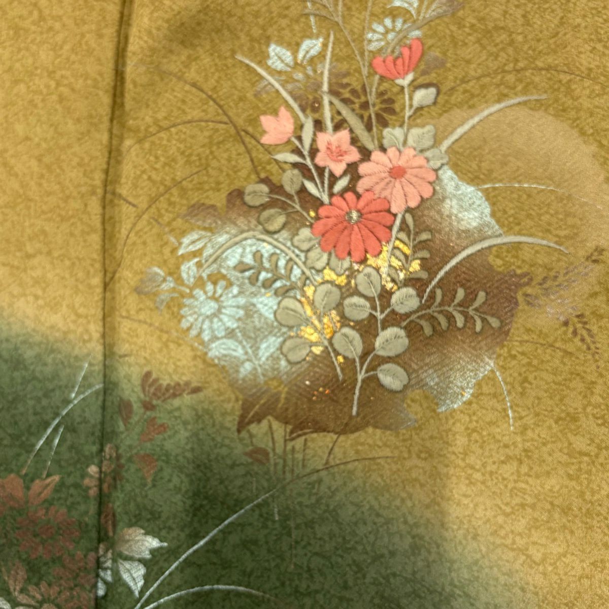 付下 身長160.5cm 袖長63cm S 雙層 雪輪 草花紋 金銀彩 刺繡 茶綠 純蠶絲 秀品級