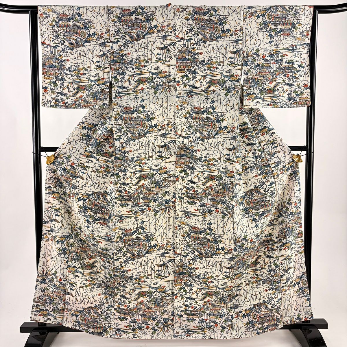【美品】 小紋 身長163cm 袖長62.5cm S 雙層 建物 枝花 絞染 奶油色 純蠶絲 優品級