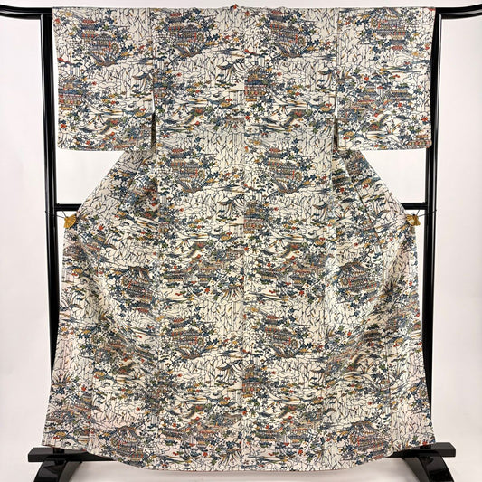 【美品】 小紋 身長163cm 袖長62.5cm S 雙層 建物 枝花 絞染 奶油色 純蠶絲 優品級
