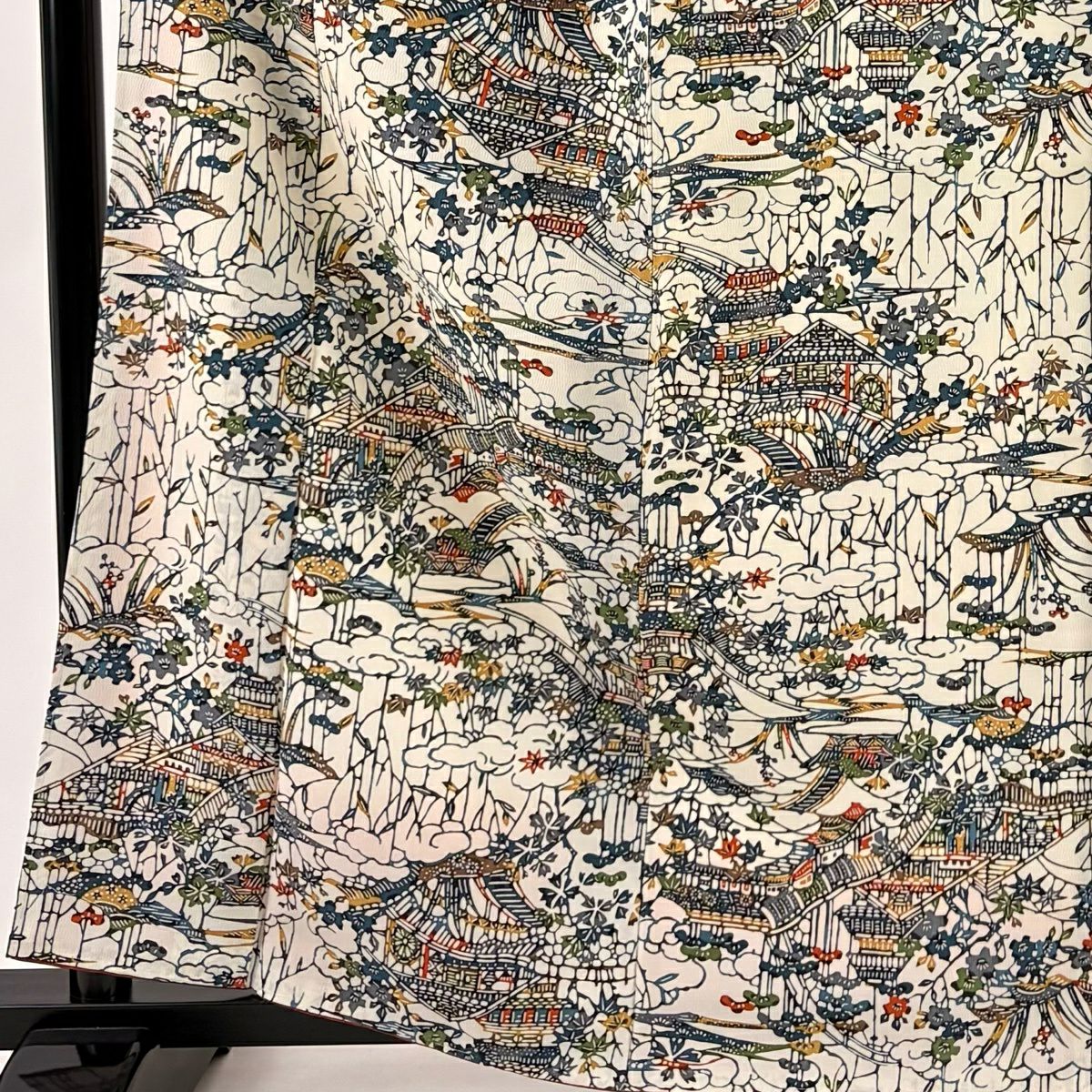 【美品】 小紋 身長163cm 袖長62.5cm S 雙層 建物 枝花 絞染 奶油色 純蠶絲 優品級