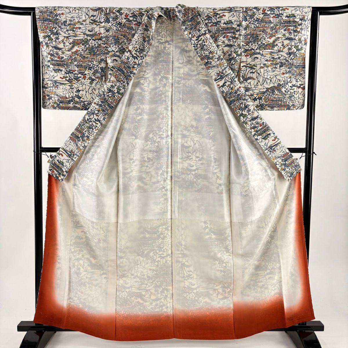 【美品】 小紋 身長163cm 袖長62.5cm S 雙層 建物 枝花 絞染 奶油色 純蠶絲 優品級