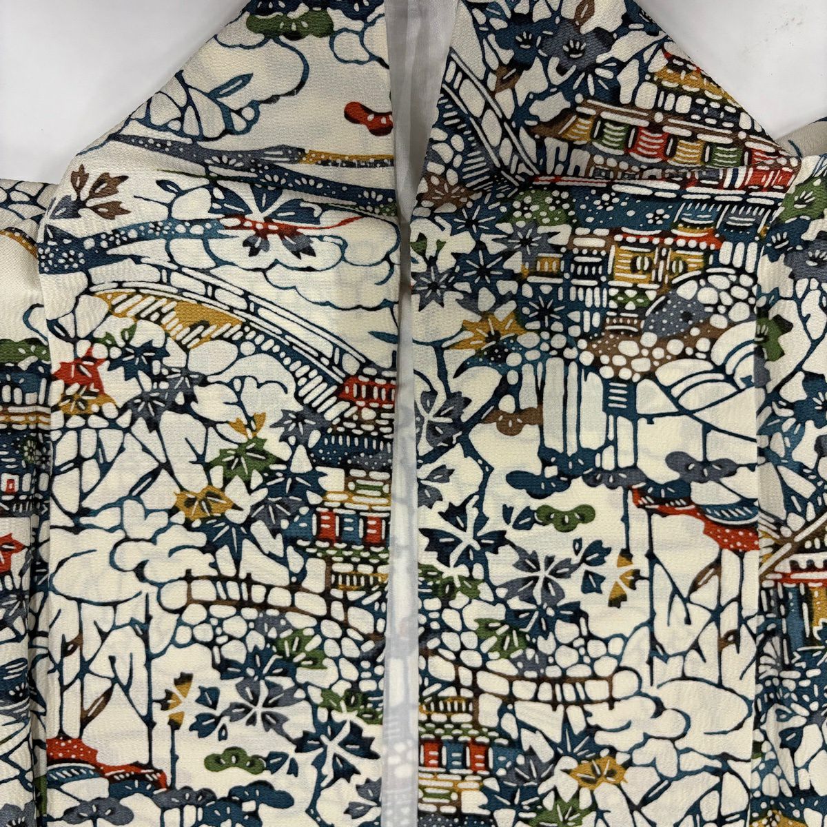 【美品】 小紋 身長163cm 袖長62.5cm S 雙層 建物 枝花 絞染 奶油色 純蠶絲 優品級