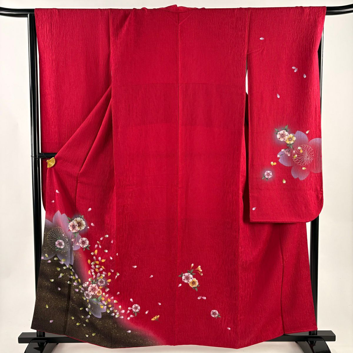 【美品】振袖禮服 身長160cm 袖長66cm M 雙層 樱花 樱花花瓣 金通 金銀彩 深粉 純蠶絲 優品級