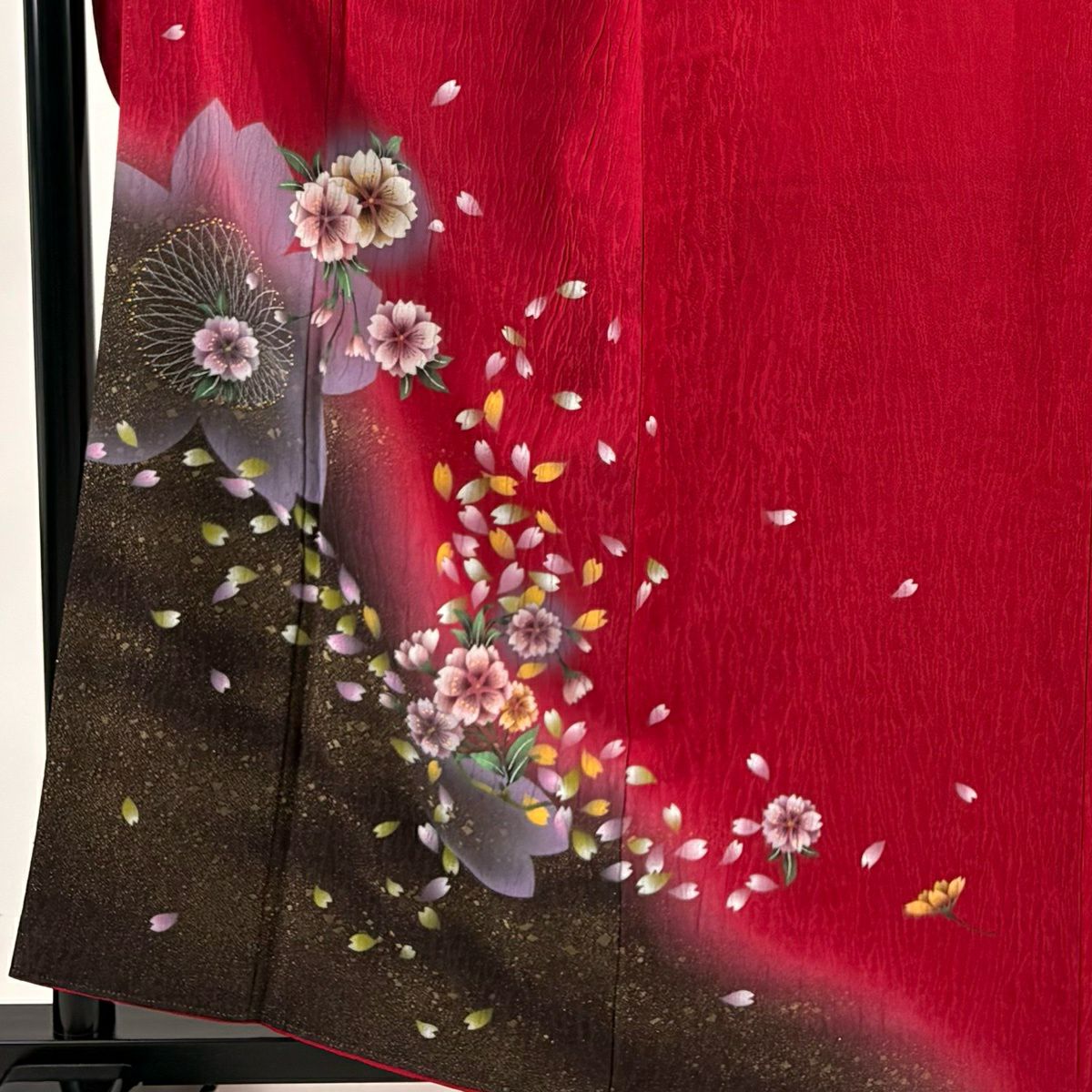【美品】振袖禮服 身長160cm 袖長66cm M 雙層 樱花 樱花花瓣 金通 金銀彩 深粉 純蠶絲 優品級