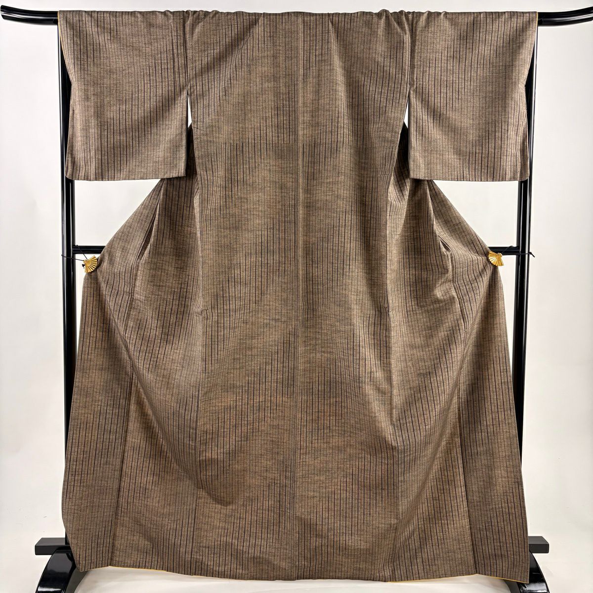 【美品】 紬織 身長168.5cm 袖長68cm L 雙層 縞 灰茶 純蠶絲 秀品級