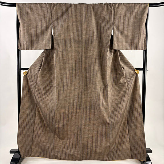 【美品】 紬織 身長168.5cm 袖長68cm L 雙層 縞 灰茶 純蠶絲 秀品級