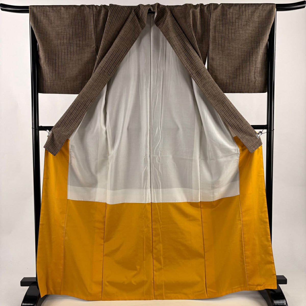 【美品】 紬織 身長168.5cm 袖長68cm L 雙層 縞 灰茶 純蠶絲 秀品級
