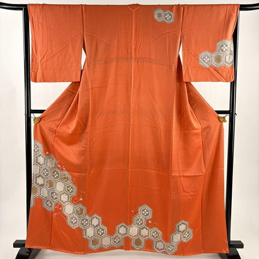 訪問服 身長162.5cm 袖長65cm M 雙層 龜甲 枝梅花 絞染 刺繡 橙色 純蠶絲 秀品級