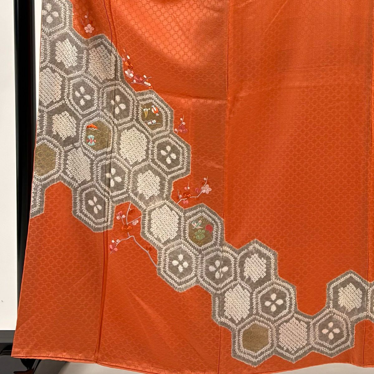訪問服 身長162.5cm 袖長65cm M 雙層 龜甲 枝梅花 絞染 刺繡 橙色 純蠶絲 秀品級