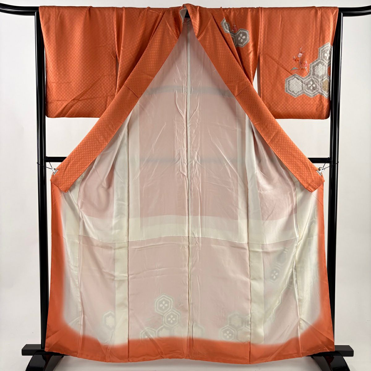 訪問服 身長162.5cm 袖長65cm M 雙層 龜甲 枝梅花 絞染 刺繡 橙色 純蠶絲 秀品級