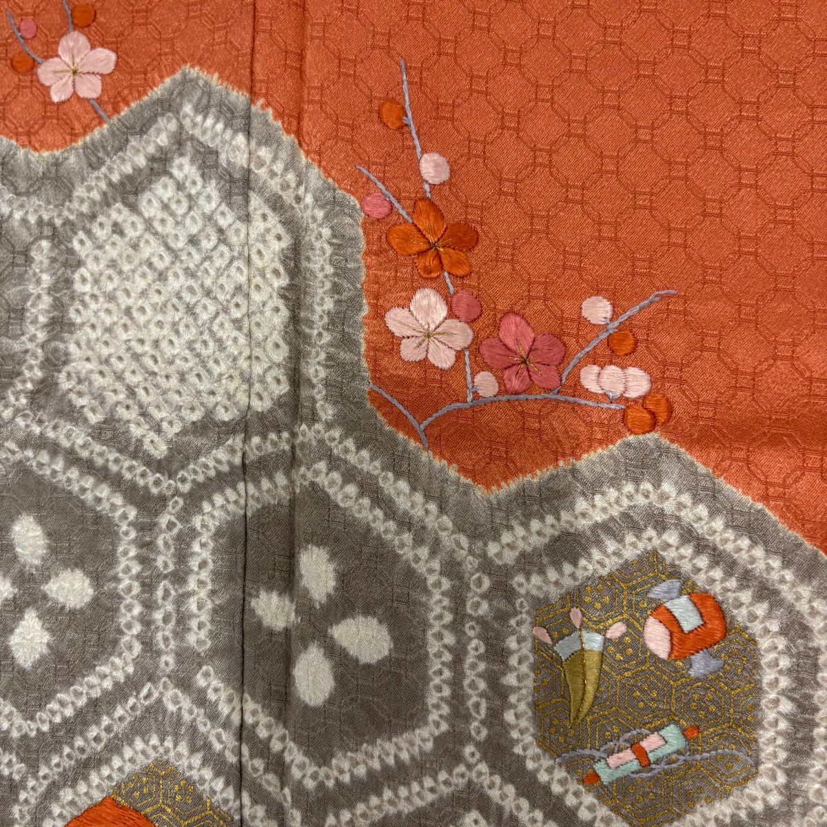 訪問服 身長162.5cm 袖長65cm M 雙層 龜甲 枝梅花 絞染 刺繡 橙色 純蠶絲 秀品級
