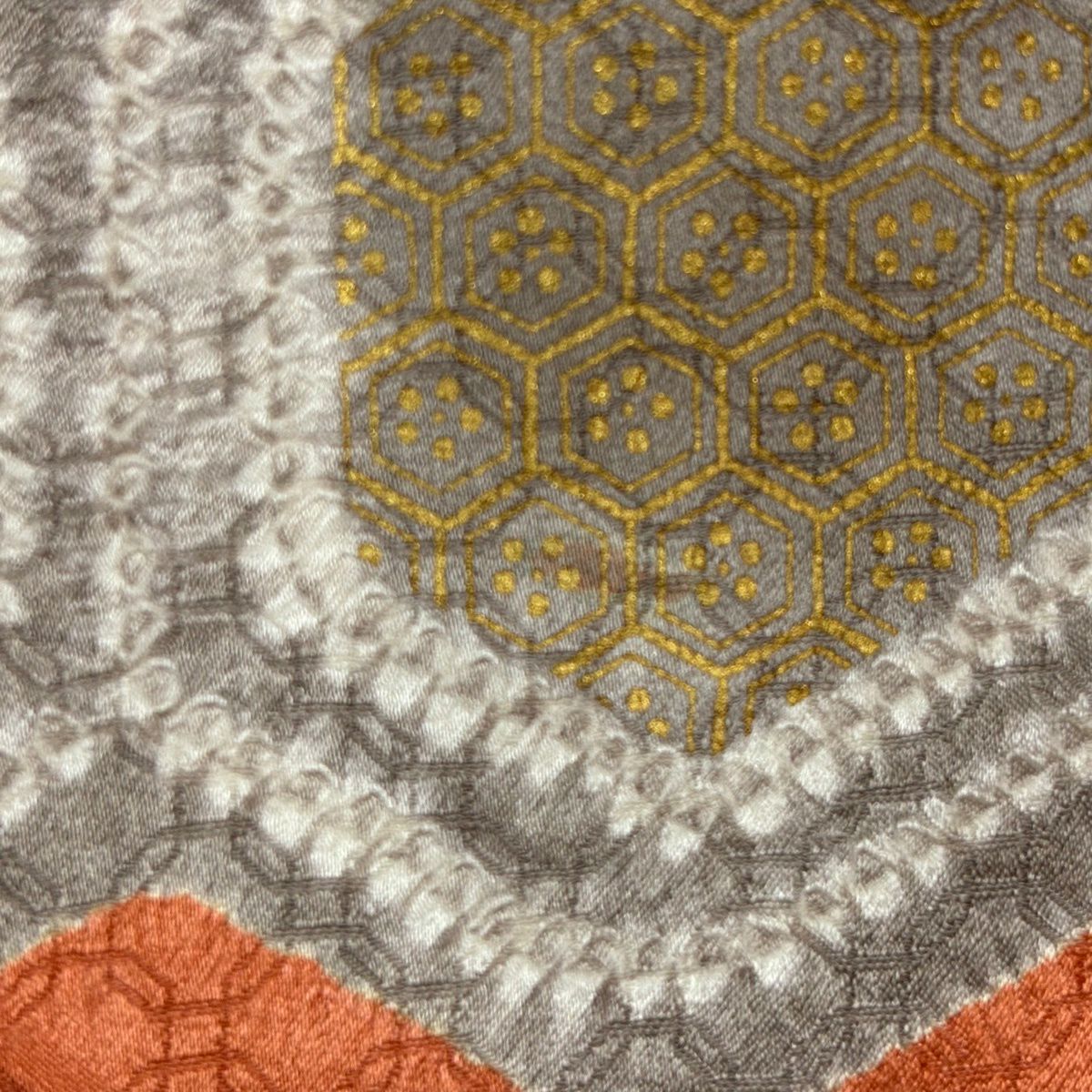 訪問服 身長162.5cm 袖長65cm M 雙層 龜甲 枝梅花 絞染 刺繡 橙色 純蠶絲 秀品級