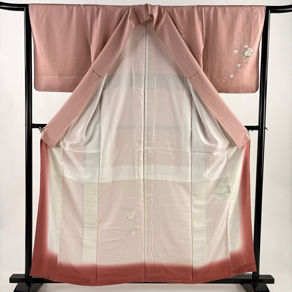 【美品】 付下 身長159.5cm 袖長63cm S 雙層 椿 花丸紋 漸層 粉紅 純蠶絲 優品級