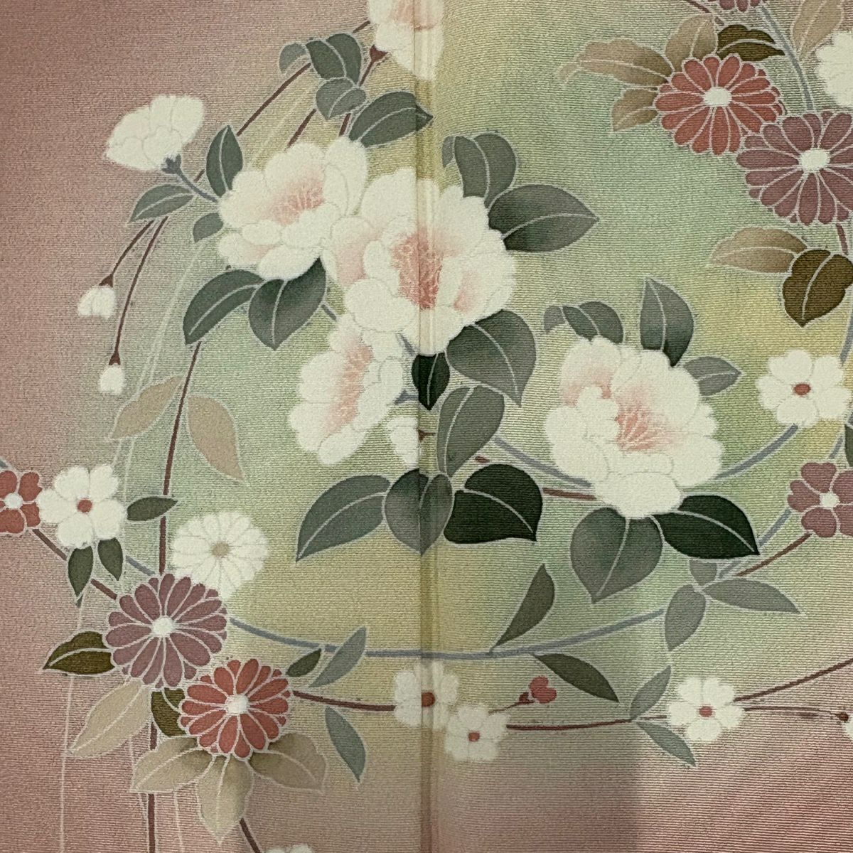 【美品】 付下 身長159.5cm 袖長63cm S 雙層 椿 花丸紋 漸層 粉紅 純蠶絲 優品級
