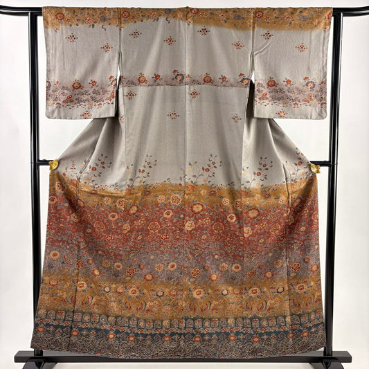 訪問服 身長159cm 袖長62cm S 雙層 花唐草紋 鳥 金彩裝飾 染分 灰色 純蠶絲 秀品級