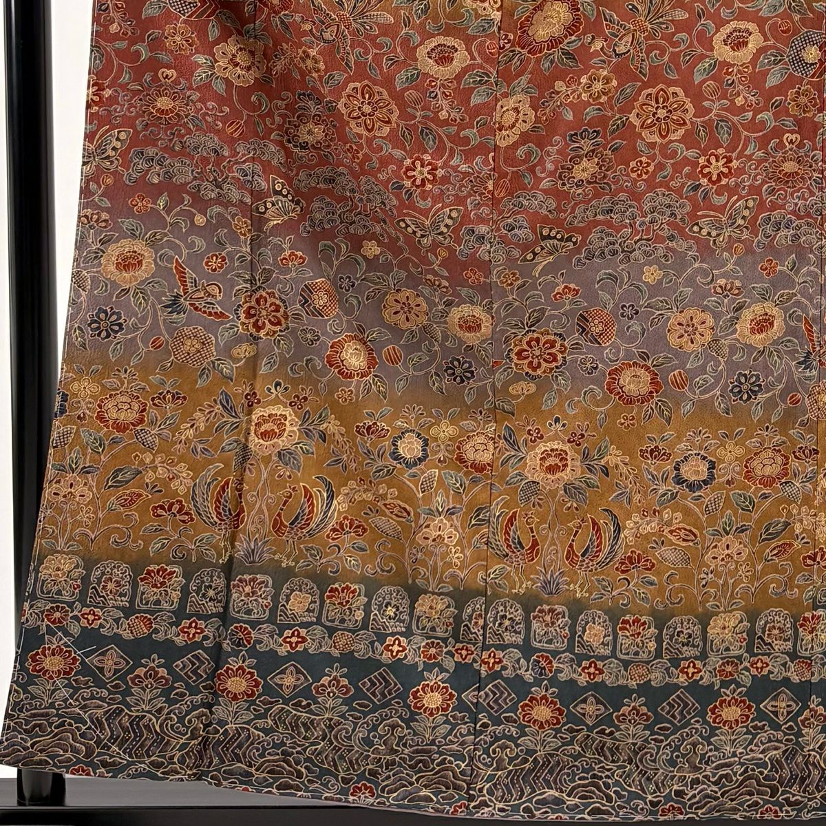 訪問服 身長159cm 袖長62cm S 雙層 花唐草紋 鳥 金彩裝飾 染分 灰色 純蠶絲 秀品級