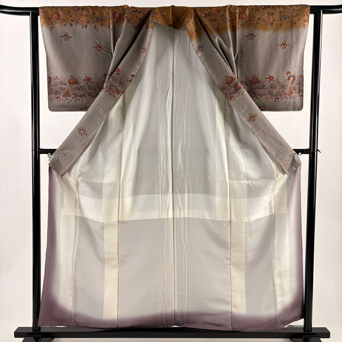 訪問服 身長159cm 袖長62cm S 雙層 花唐草紋 鳥 金彩裝飾 染分 灰色 純蠶絲 秀品級