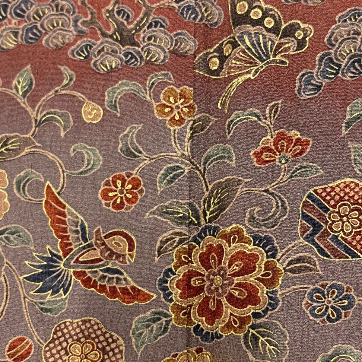 訪問服 身長159cm 袖長62cm S 雙層 花唐草紋 鳥 金彩裝飾 染分 灰色 純蠶絲 秀品級
