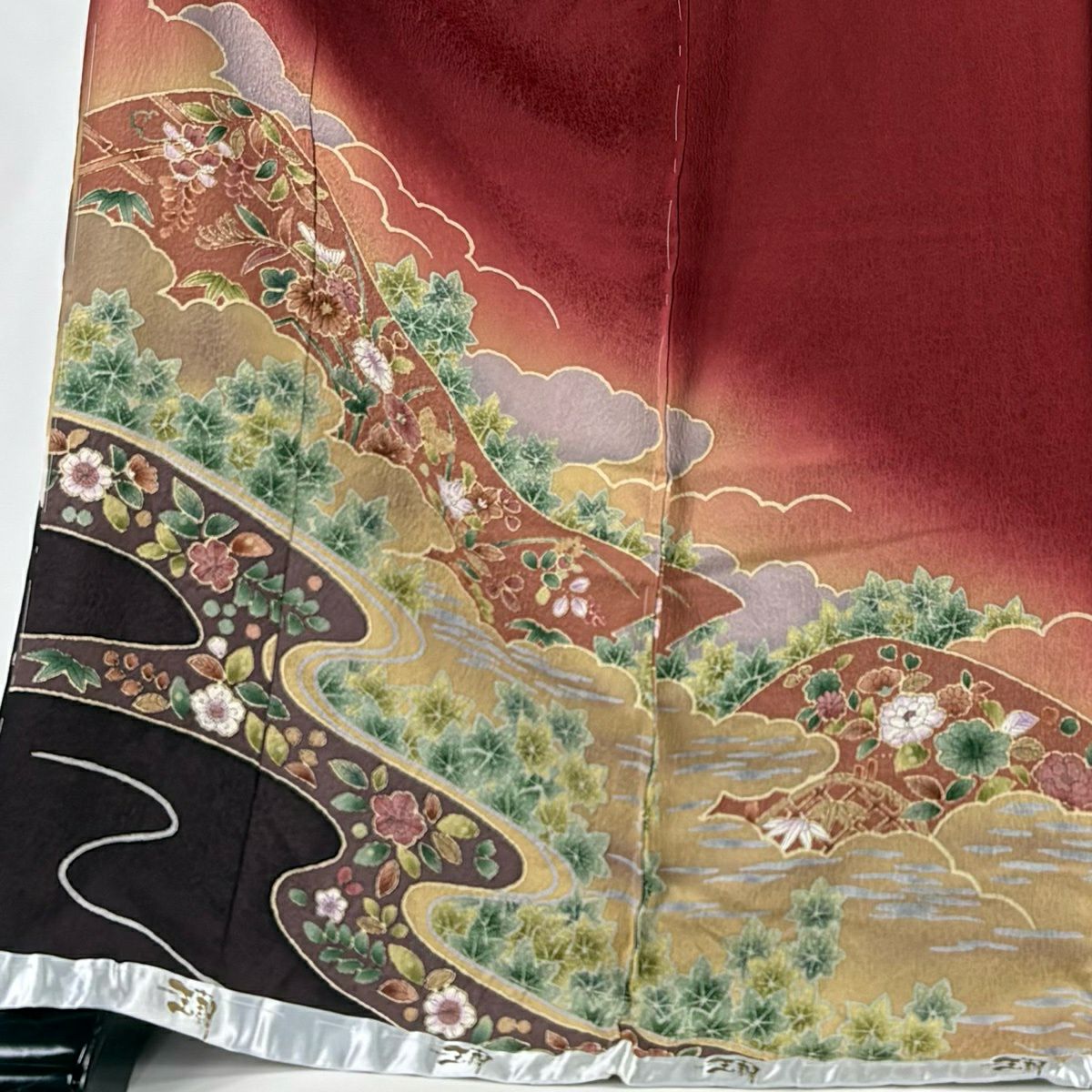 付下 身長177cm 袖長68cm 未仕立 雜色秋草 雲紋 漸層 深紅色 純蠶絲 優品級