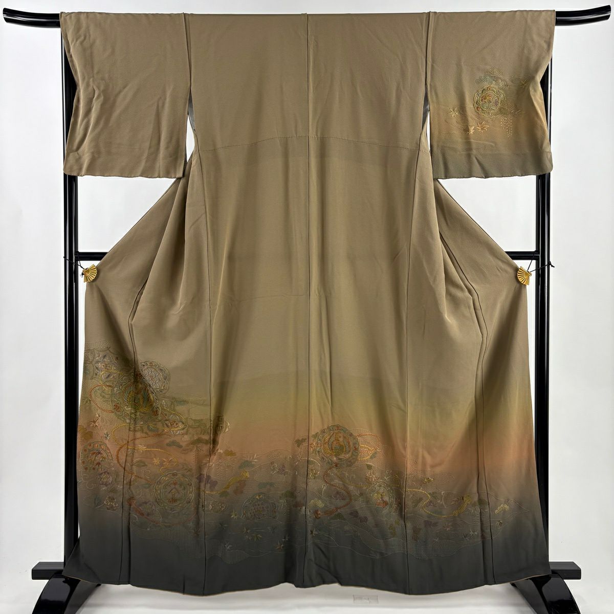 付下 身長160.5cm 袖長67.5cm L 雙層 鳳凰 鏡裏文 刺繡 漸層 薄茶 純蠶絲 優品級