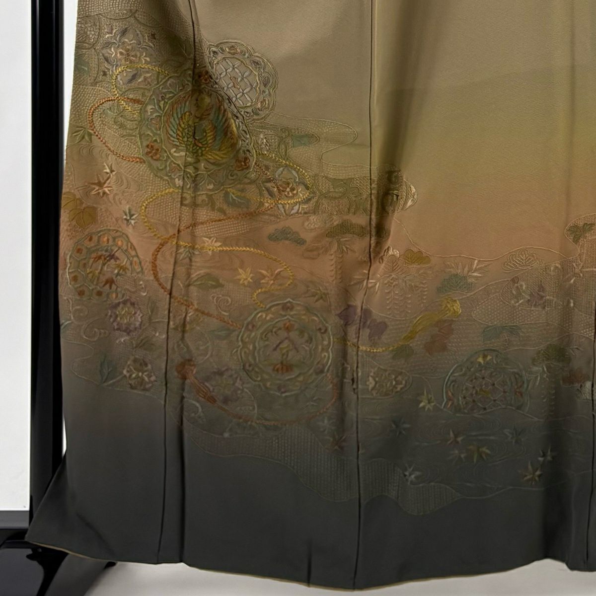 付下 身長160.5cm 袖長67.5cm L 雙層 鳳凰 鏡裏文 刺繡 漸層 薄茶 純蠶絲 優品級