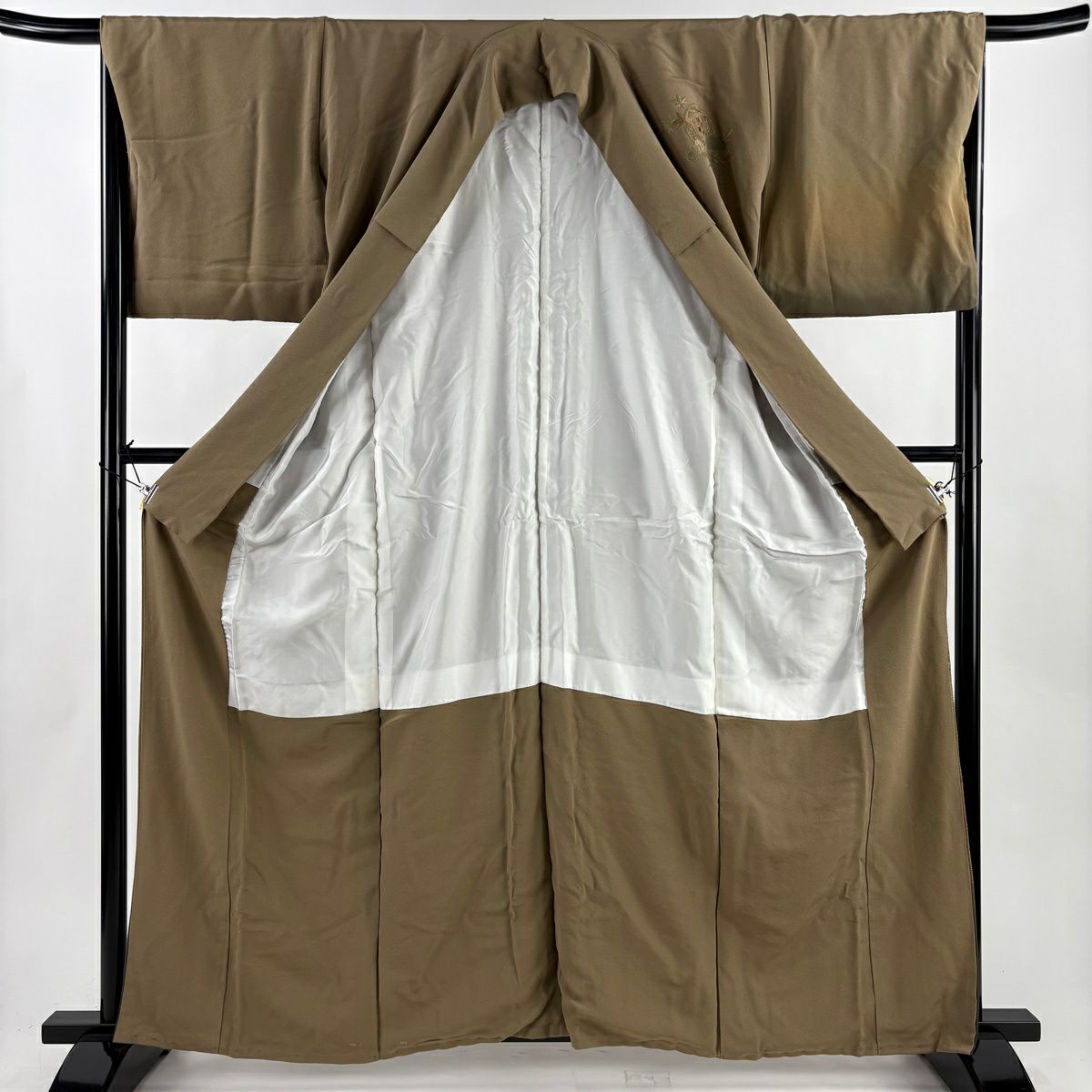 付下 身長160.5cm 袖長67.5cm L 雙層 鳳凰 鏡裏文 刺繡 漸層 薄茶 純蠶絲 優品級