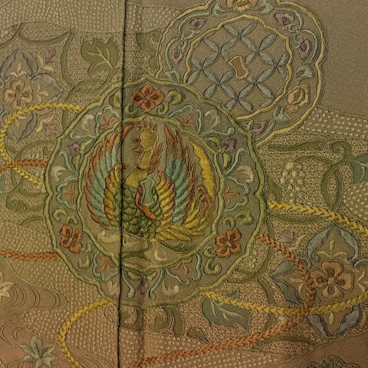 付下 身長160.5cm 袖長67.5cm L 雙層 鳳凰 鏡裏文 刺繡 漸層 薄茶 純蠶絲 優品級