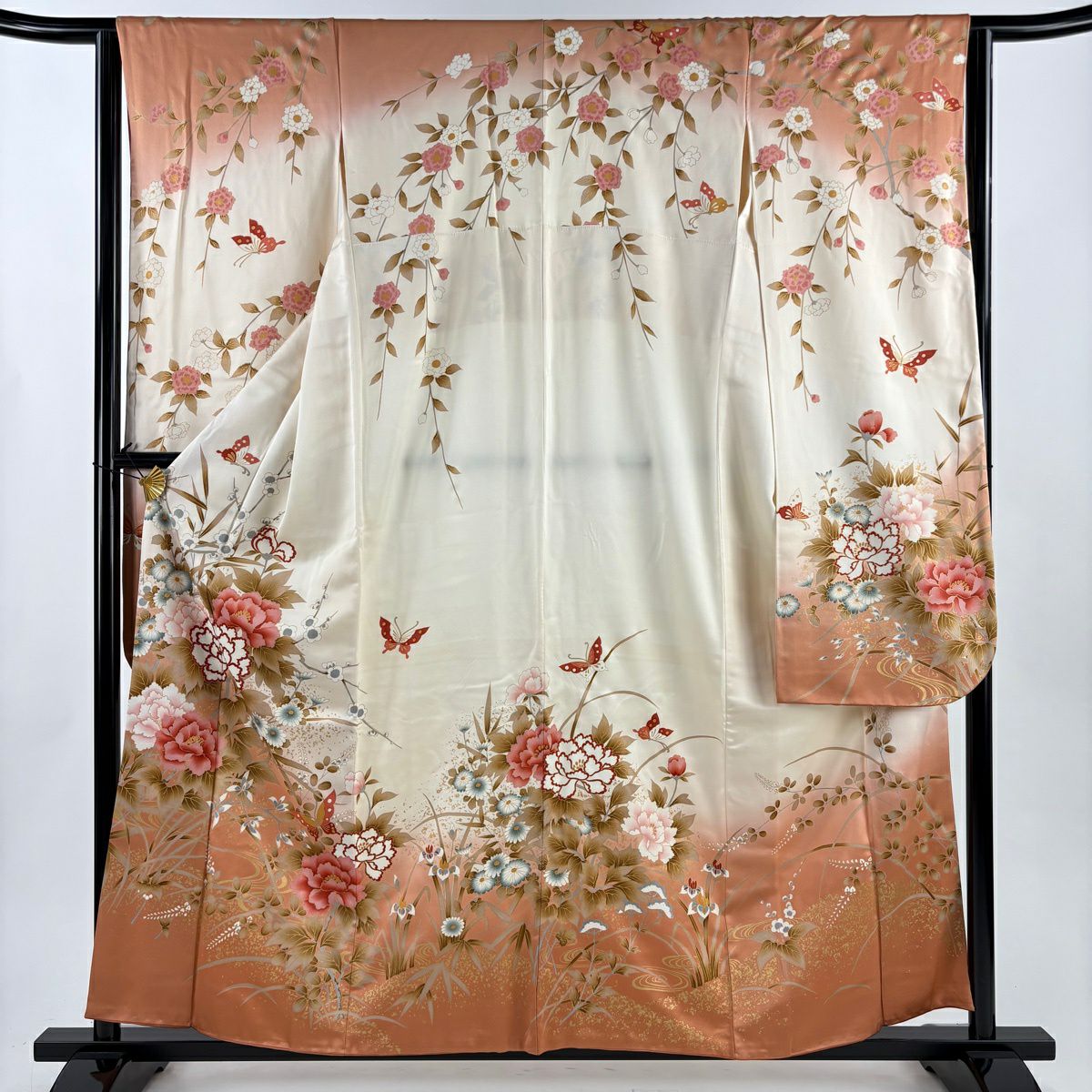 振袖禮服 身長159.5cm 袖長63.5cm S 雙層 大和 牡丹 蝶 金銀彩 漸層 奶油色 純蠶絲 優品級
