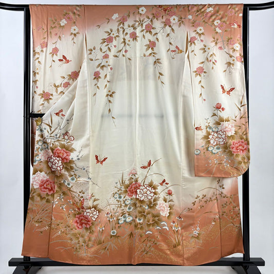振袖禮服 身長159.5cm 袖長63.5cm S 雙層 大和 牡丹 蝶 金銀彩 漸層 奶油色 純蠶絲 優品級