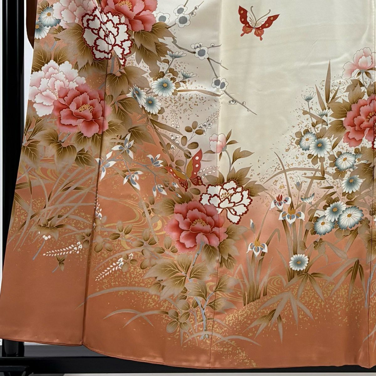 振袖禮服 身長159.5cm 袖長63.5cm S 雙層 大和 牡丹 蝶 金銀彩 漸層 奶油色 純蠶絲 優品級