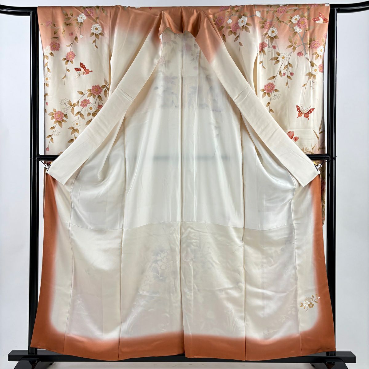 振袖禮服 身長159.5cm 袖長63.5cm S 雙層 大和 牡丹 蝶 金銀彩 漸層 奶油色 純蠶絲 優品級