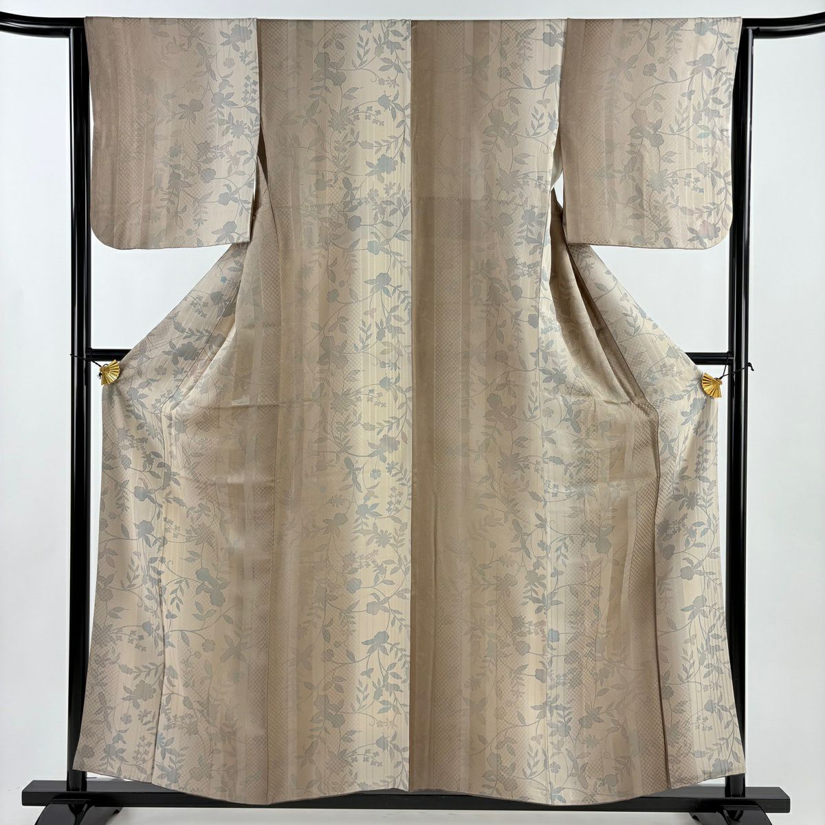 【美品】 小紋 身長157.5cm 袖長64cm M 雙層 草花紋紋 地紋 漸層 薄茶 純蠶絲 秀品級