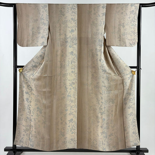 【美品】 小紋 身長157.5cm 袖長64cm M 雙層 草花紋紋 地紋 漸層 薄茶 純蠶絲 秀品級