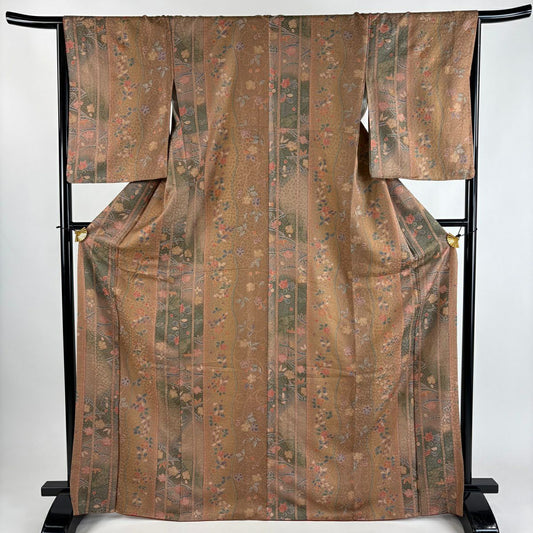 【美品】 小紋 身長169cm 袖長66cm M 雙層 草花紋紋 縱條紋 金銀彩 漸層 淺茶 純蠶絲 優品級