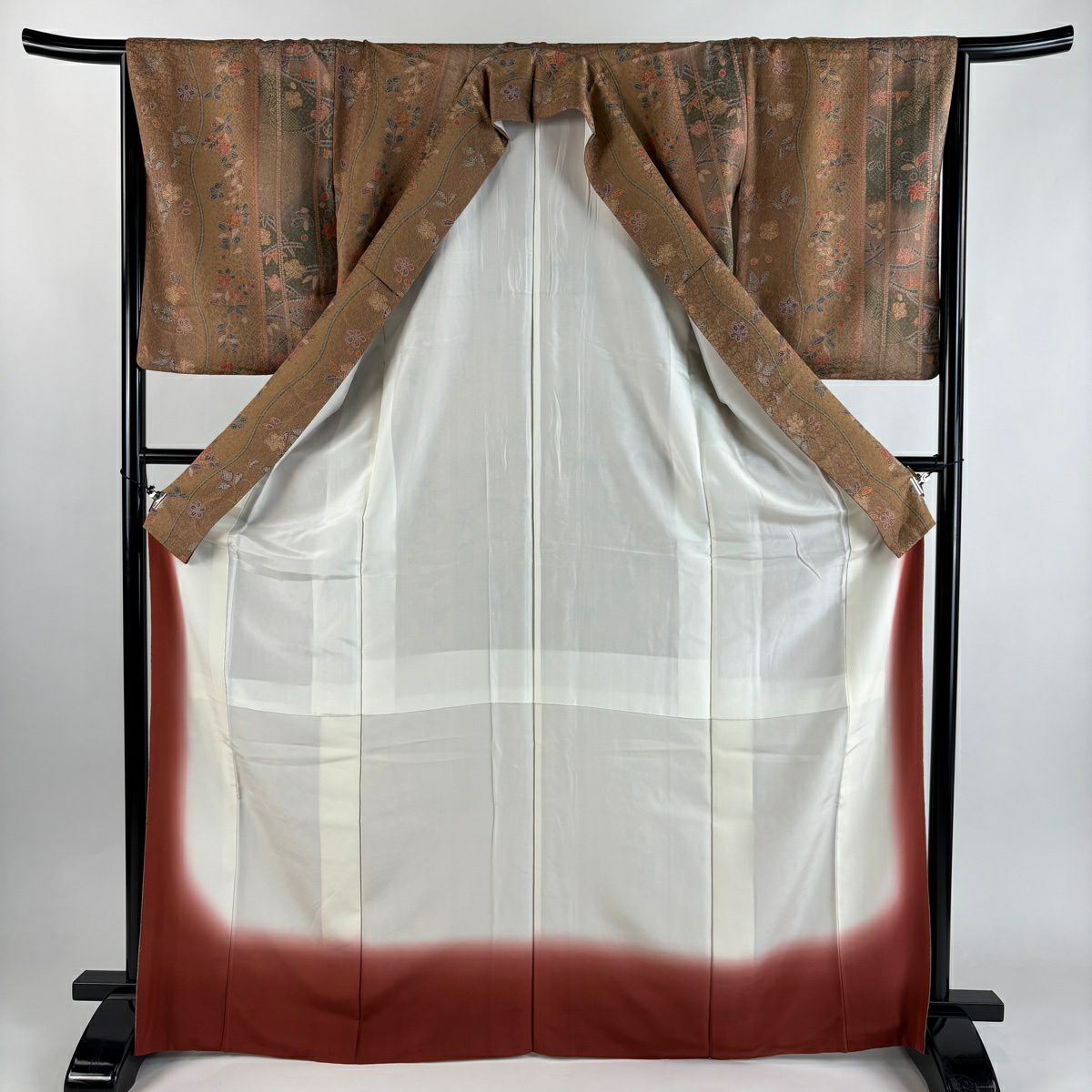 【美品】 小紋 身長169cm 袖長66cm M 雙層 草花紋紋 縱條紋 金銀彩 漸層 淺茶 純蠶絲 優品級