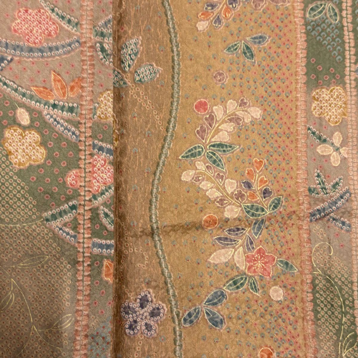 【美品】 小紋 身長169cm 袖長66cm M 雙層 草花紋紋 縱條紋 金銀彩 漸層 淺茶 純蠶絲 優品級