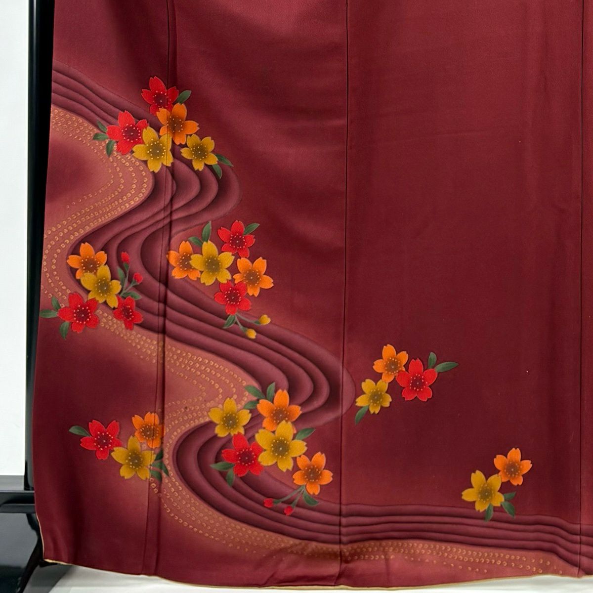 訪問服 身長168cm 袖長68.5cm L 雙層 櫻花 流水 金彩裝飾 漸層 紅紫 純蠶絲 優品級