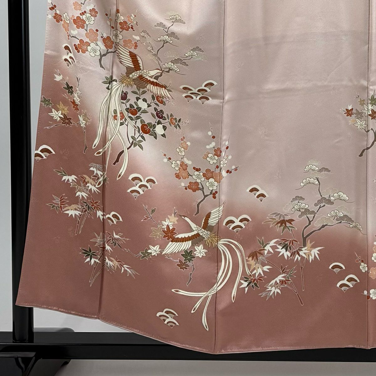 訪問服 身長157cm 袖長63cm S 雙層 尾長鳥 松樹竹子梅花 金絲 金銀彩 淺粉色 純蠶絲 秀品級 一個紋